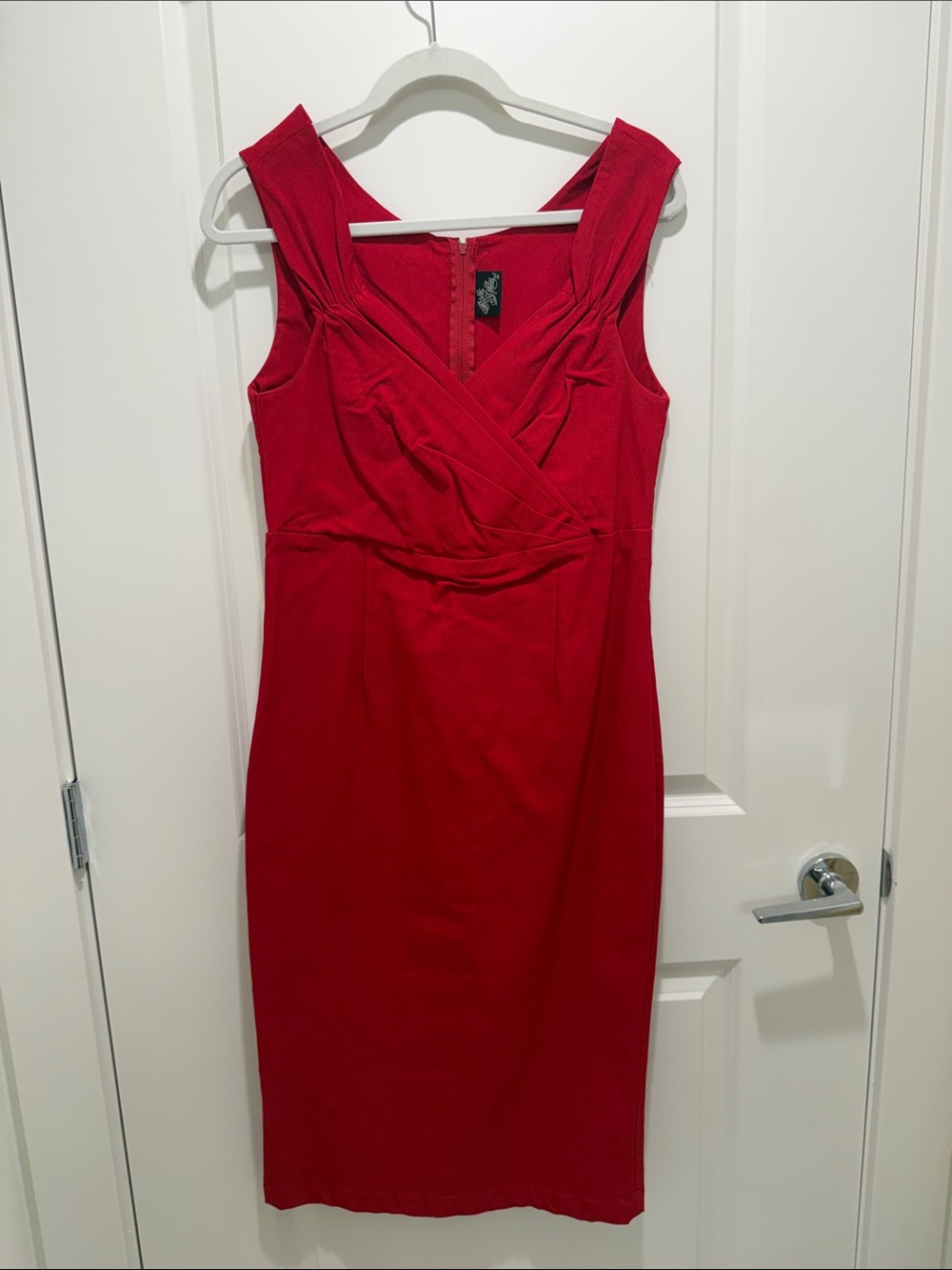 Red Sleeveless Sheath Dress - Classic V-Neck Wrap